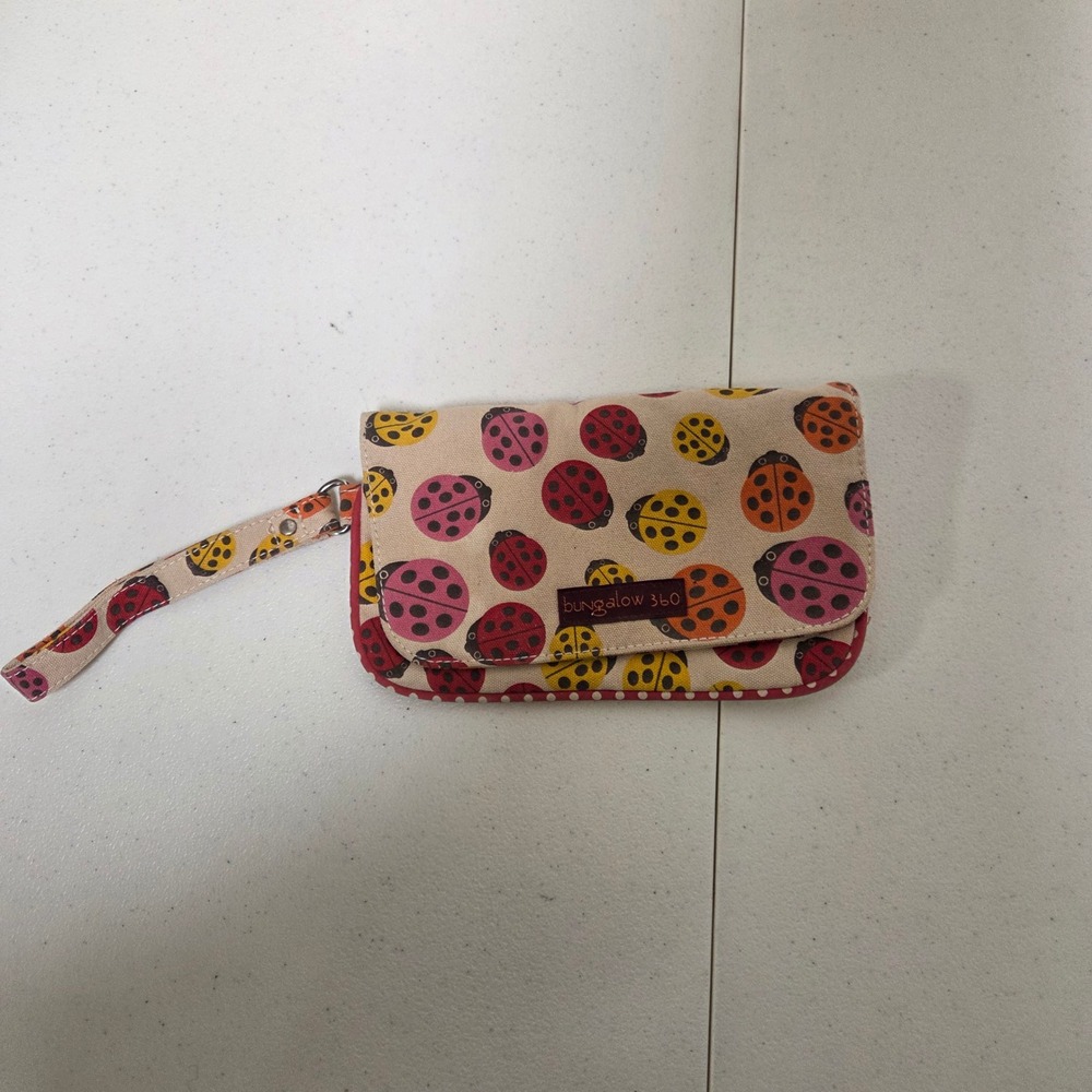 Bungalow 360 Ladybug Canvas Wristlet Wallet Peace Sign Zipper Cream Red Small